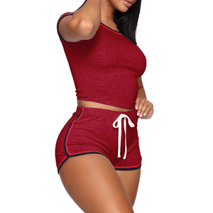 Women's <b>Red</b> Two Piece Shorts Set Sleeveless <b>Crop</b> <b>Top</b> With Drawstring Solid Color Breathable Knitted Spandex Spring Ladies Sets - Product Image 5