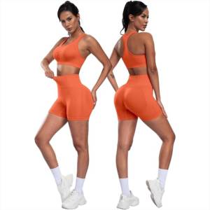 Wholesale Price 3 Piece Yoga Set Racerback Crop Top High Waist <b>Leggings</b> <b>Shorts</b> Seamless Breathable Activewear For Women - Product Image 3