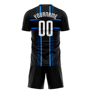 Tenues de football personnalisées imprimées par transfert thermique noir, blanc et bleu clair, tailles et couleurs variées, pour adultes unisexes - Product Image 3
