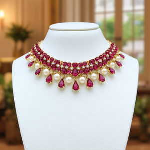 Collar de Gargantilla con Diseño de Perlas de Rubí, Diamantes de Imitación y Cristales, Patrón de Gota de Agua, Dorado, Elegante y Moderno, para Regalo de Boda - Product Image 3