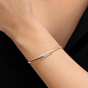 Minimalist <b>Gold</b> Plated Diamond <b>Bangle</b> Bracelet Women's Everyday Wear Round Brilliant Cut Channel Setting Jewelry - Product Image 3