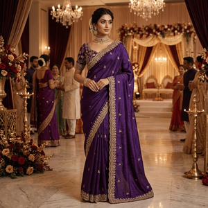 Sari de Seda Satinada Fandy |   Sari con Bordado de Dori, Zari y Lentejuelas |   Sari de Diseñador para Bodas y Fiestas |   Sari Étnico Tradicional Indio - Product Image 4