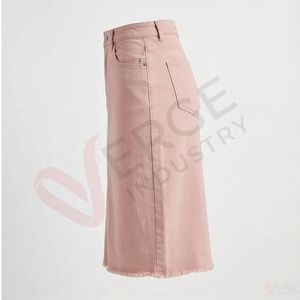 Jupe en jean rose taille haute pour femme, coupe droite mi-mollet, décontractée, unie, boutonnée, en similicuir, style A-line, longueur midi - Product Image 3
