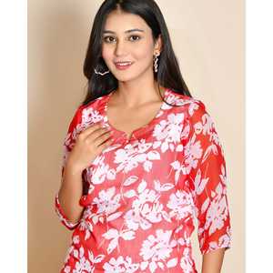 Conjunto Casual de Verano para Mujer con Estampado Floral en Rojo Cereza, Suave y Elegante, Manga Tres Cuartos - Product Image 2