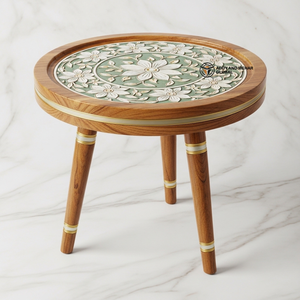 Green Meena Design Wooden <b>Stool</b> – Handcrafted Round Decorative Tripod <b>Stool</b> - Product Image 1