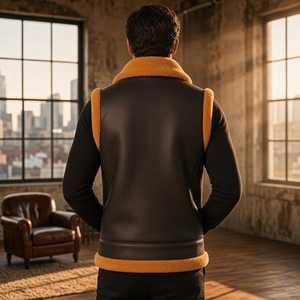 Chaleco de Cuero Negro para Hombre con Ribete de Borrego Amarillo, Chaleco Aviador con Cuello de Piel Sintética, Chaleco con Cierre, Chaqueta sin Mangas de Invierno, Chaqueta de Motociclista - Product Image 3