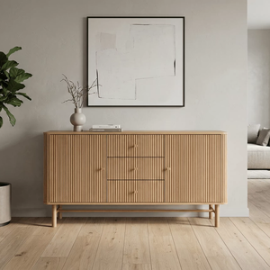 Cómoda Minimalista Kaede de Madera de Teca Maciza con 3 Cajones, Acabado Natural, para Dormitorio, Almacén y Muebles de Interior Comerciales - Product Image 1