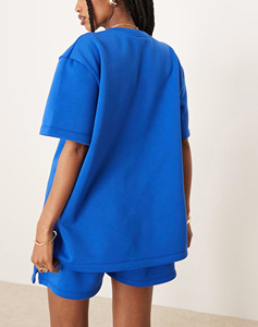 Conjunto de Dos Piezas Azul para Mujer, Camiseta de Manga Corta y Pantalones Cortos, Corte Holgado Informal, Cuello Redondo, Diseño con Letras Estampadas, para Primavera/Verano - Product Image 4