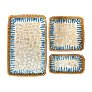Plateau de service unique en rotin et coquillages, fabrication vietnamienne, motif marin bleu et blanc incrusté, pour la restauration et le rangement, vente en gros - Product Image 2