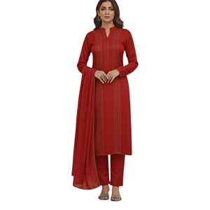 Salwar Kameez en coton et lin rouge avec dupatta, motif rayé, tenue ethnique traditionnelle pour femmes, usage quotidien, toutes saisons, séchage rapide - Product Image 1