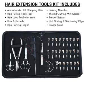 Kit d'outils professionnels de luxe pour extensions capillaires en micro-anneaux argentés, en acier inoxydable de qualité chirurgicale, comprenant des pinces à micro-anneaux, des crochets et des clips - Product Image 2
