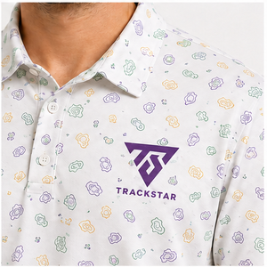 Camisa Polo Trackstar para Hombre, Blanca con Estampado Paisley Abstracto Multicolor, Manga Corta, Cuello con Botones, Camisa de Golf, Logotipo Personalizado - Product Image 4