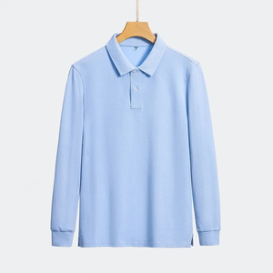 Men Long Sleeve <b>Polo</b> <b>Shirt</b> Solid Light <b>Blue</b> Cotton Jersey Casual Wear Breathable Knitted Fabric Regular Fit - Product Image 2