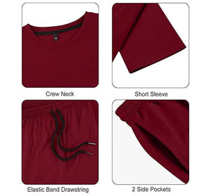 Ensemble décontracté d'été pour homme en coton rouge uni, t-shirt à col rond et short à cordon de serrage, respirant, tricoté, léger, à manches courtes - Product Image 3