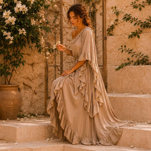 Abito Lungo Monospalla Boho da Donna in Raso di Poliestere Intrecciato Traspirante Anti-Pilling - Product Image 4