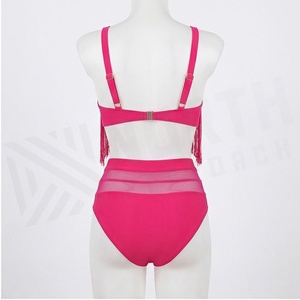 Conjunto de bikini rosa de dos piezas con top corto con borlas y pantalones de cintura alta, traje de baño para mujer - Product Image 2