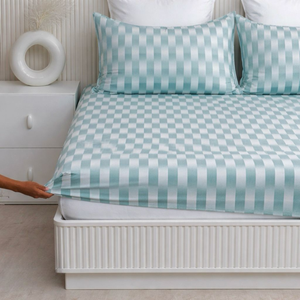 Sábana de Algodón a Rayas Azul Agua con Fundas de Almohada, Sábana Ajustable Suave y Transpirable |   Juego de Ropa de Cama de Lujo con Bolsillos Profundos Elásticos - Product Image 1