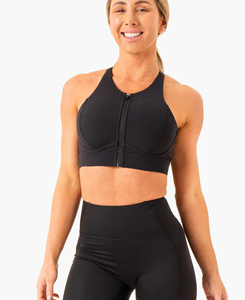 Soutien-gorge de sport dos nageur noir pour femme de qualité supérieure avec fermeture éclair avant, maintien moyen, sans coutures, pour le yoga et les activités sportives - Product Image 1