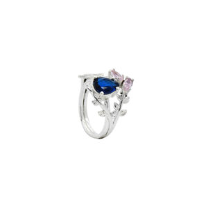Anillo Geométrico de Flores con Múltiples Piedras Preciosas, Topacio Azul de Londres, Cuarzo Rosa, Estilo Bohemio, Engaste de Garras, Hecho a Mano, Plateado - Product Image 2