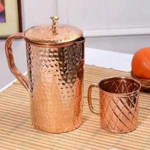 Hammered Copper Water Jug Lid <b>Cup</b> Handmade Rustic Eco Friendly Classic Decorative Portable <b>Large</b> Capacity Metal Drinkware Set - Product Image 2