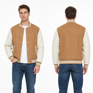 Veste varsity marron pour homme de haute qualité avec manches crème et poignets rayés, tenue décontractée - Product Image 4
