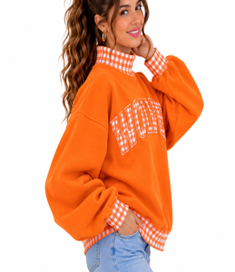 OEM ODM Women’s Oversized Heavyweight <b>Mock</b> Neck Sweatshirt Custom Plaid Gingham Patchwork Casual Varsity Pullover - Product Image 6