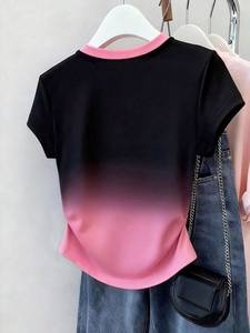 Camiseta Corta de Mujer con Bloques de Color Degradado, Cuello Redondo, Manga Corta, con Bordado de Lazo, Ropa Casual de Verano - Product Image 2