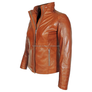 Vestes en cuir pour femmes en peau de mouton véritable à col haut, marron foncé, faites à la main - Product Image 5