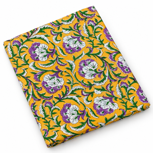 Tela de Voile de Algodón Peinado 60S60S Ligera con Estampado Floral Hecho a Mano Pinksa, Multiusos, Amarillo Rajasthan y Azul - Product Image 1