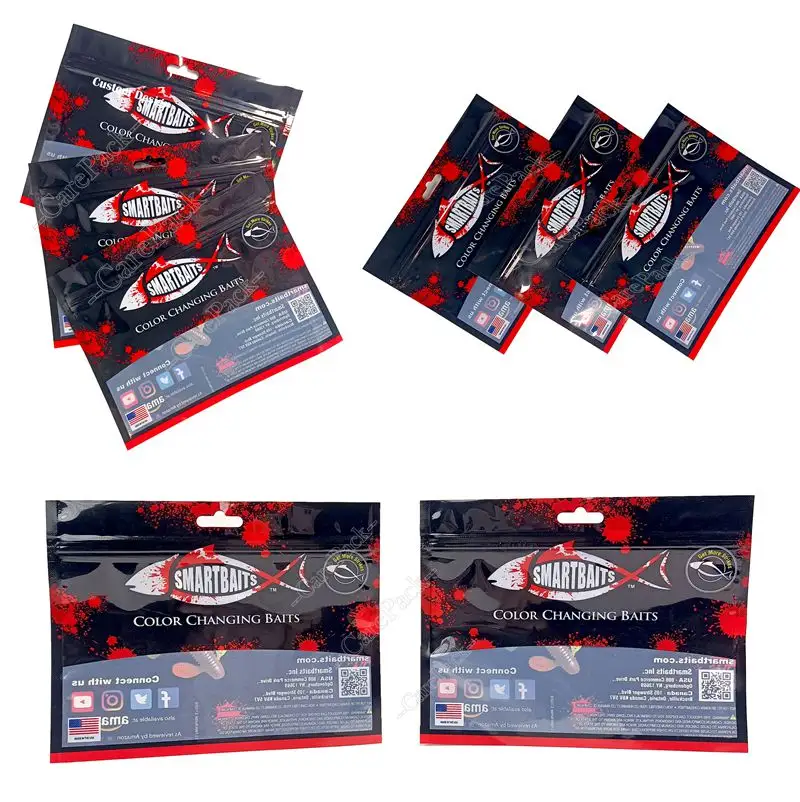 Custom Fishing Lure Fish Bait Hook Food Mylar Resealable Glossy Surface Die Cut Laminated Three Side Seal Baggies