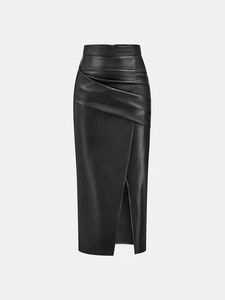 Mini-jupe asymétrique en cuir véritable à taille naturelle avec fente avant et ceinture, style vintage pour femme et unisexe, couleur unie, style satiné - Product Image 3