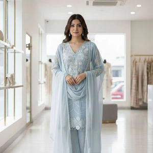 Ensemble tendance ethnique en georgette Kurta Palazzo Dupatta pour femmes - Product Image 1