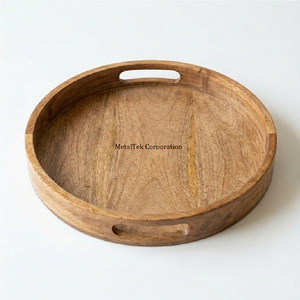 Round Mango Wood Serving Tray For Bar Restaurant Hotels High Quality With Handle Decorative Serving Platter Ottoman Wooden Trays - Product Image 1