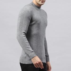 Pull en laine côtelé gris pour homme, col montant, manches longues, tricoté, couleur unie, coupe standard, hiver - Product Image 3