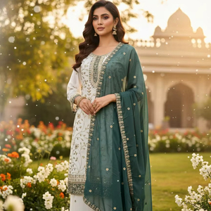 Costume en faux georgette brodé pour mariage et soirée avec pantalon palazzo à jambes larges - Product Image 1