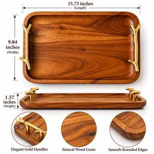 Bandeja de Servir de Madera de Acacia con Asas de Latón |   Bandeja Rectangular de Madera para Desayuno, Bebidas, Aperitivos, Hogar, Hotel, Restaurante - Product Image 2