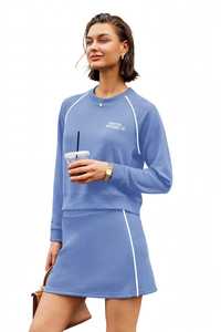 <b>Women's</b> Blue Knitted <b>Sweatshirt</b> <b>Dress</b> with White Trim Asymmetrical Neck Sleeveless Casual Sporty Solid Short Winter Autumn Wear - Product Image 6