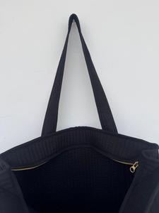 Bohemian Quilted Black Cotton <b>Tote</b> Bag Long Handles <b>Zip</b> Open Top for Shopping Travel Beach Private Label Manufacturer - Product Image 5