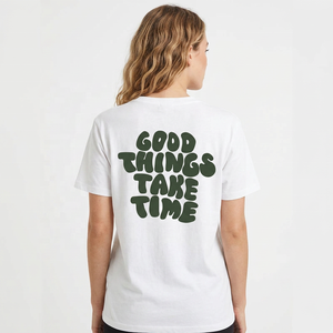 T-shirt en coton blanc pour homme imprimé « Good Things Take Time », coupe classique, col rond, manches courtes, style jersey décontracté - Product Image 6