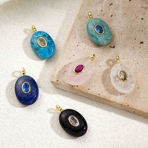 จี้หินธรรมชาติสำหรับเด็ก ลาพิสลาซูลี อาเกต โรสควอตซ์ สำหรับทำเครื่องประดับ DIY สร้อยคอ ต่างหู รูปทรงวงรี จี้ทอง - Product Image 1