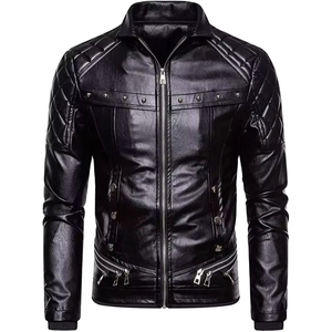 Chaqueta de Cuero Genuino para Hombre, Otoño Invierno, a Cuadros/Color Sólido, Resistente al Viento, Ecológica, Estilo Urbano, Cierre de Cremallera, Manga Larga - Product Image 1