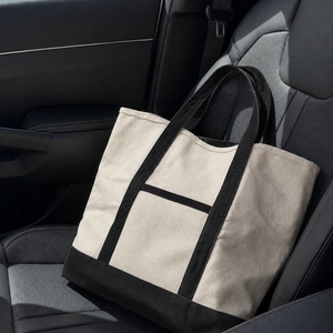 <b>Canvas</b> Tote <b>Bag</b> <b>Large</b> Capacity Beige with Black Trim Top Handle Daily Use Shopping <b>Bag</b> - Product Image 2