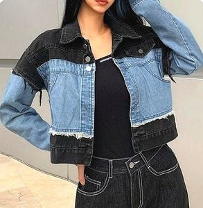 Women's Color Blocked <b>Denim</b> <b>Jacket</b> <b>Cropped</b> Button Front Long Sleeve Casual Autumn Style Regular Fit Stonewashed Cotton Coat - Product Image 3