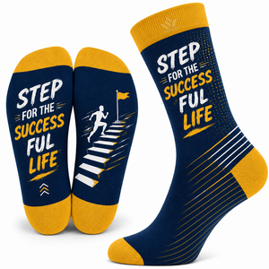 Step For The Successful Life Mens Crew <b>Socks</b> <b>Black</b> Yellow Digital Print Breathable Knitted Cotton Polyester Spandex Spring - Product Image 3