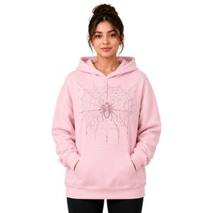 Sweat à capuche personnalisé rose pâle avec strass et motif toile d'araignée pour femme, coupe oversize, en molleton de coton premium, décontracté pour l'hiver - Product Image 1