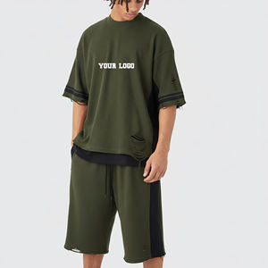 Conjunto de 2 Piezas para Hombre, Camiseta y Pantalones Cortos Oversize 100% Algodón, Estampado Sólido, Ecológico, Estilo Desgastado, Última Tendencia - Product Image 1