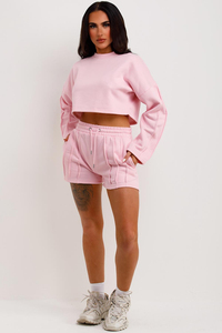 Conjunto Deportivo de 2 Piezas para Mujer, Color Rosa, Sudadera Corta, Pantalones Cortos, Manga Larga, Cuello Redondo, Estilo Casual, Ropa de Primavera, Conjunto Deportivo Sólido - Product Image 3
