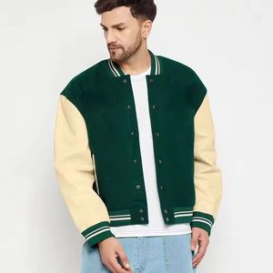 Veste universitaire pour homme, verte et beige, avec boutons sur le devant, couleur unie, coupe classique, col rabattu, pour l'automne - Product Image 3