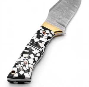 Iron Crown Forge Handcrafted Feather-Pattern Damascus Steel Fixed Blade Utility <b>Knife</b> with Mosaic Crushed <b>Bone</b> Resin <b>Handle</b> OEM - Product Image 2