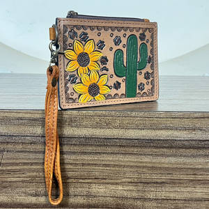 Porte-cartes en cuir véritable de vache fait main, motif tournesol et cactus, avec fermeture éclair, mini pochette de poignet, style bohème pour le quotidien - Product Image 2
